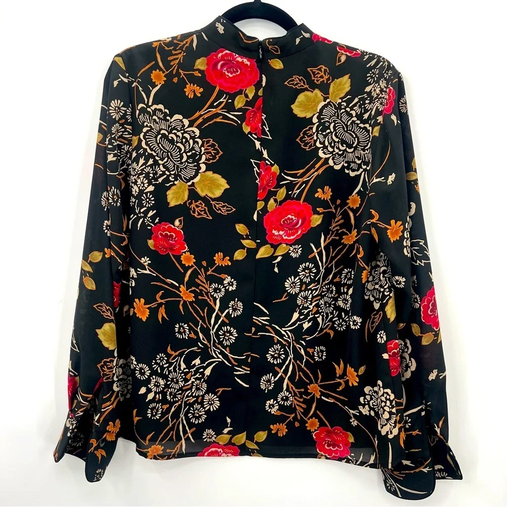 Pendleton Korean Fabric Chinese Asian Floral Black Blouse Top Shirt Size 10 - Picture 2 of 11